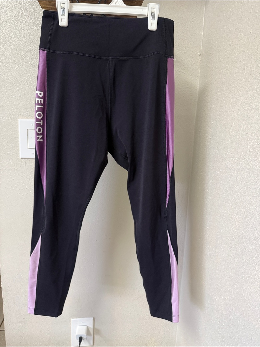 Peloton Black Leggings with Purple and Light Purple Side Panels